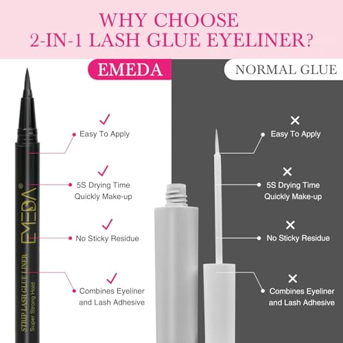 EMEDA 2-in-1 Black Eyelash Glue Pen & Eyeliner - Waterproof, 48H Wear