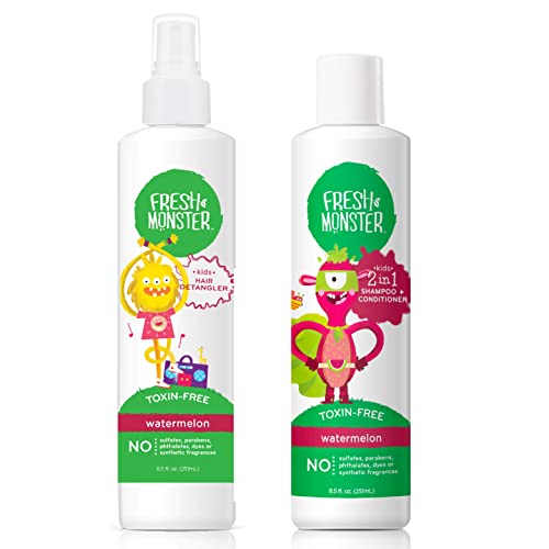 Fresh Monster Watermelon Hair Care Bundle - 8.5 oz Detangler & 2-in-1 Shampoo for Kids