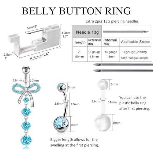 DJCIW 12PCS Belly Button Piercing Kit with Silvery Blue CZ Butterfly - 10mm 12mm 14mm