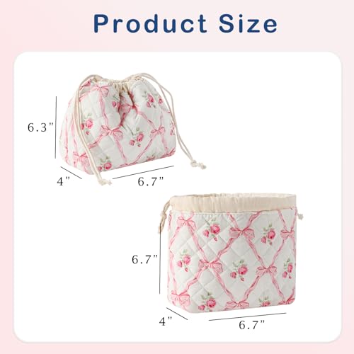UEKEBOAG Pink Bows Cotton Quilted Drawstring Makeup Bag - Large, Foldable, Stylish Cosmetic Organizer