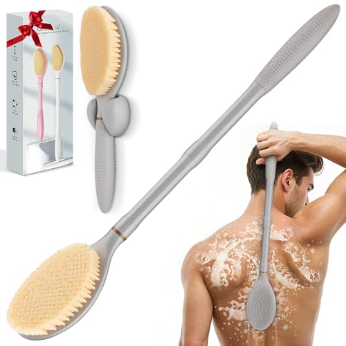 GEENOA Adjustable Back Scrubber Gray-Long Handle Anti-Slip Shower Brush