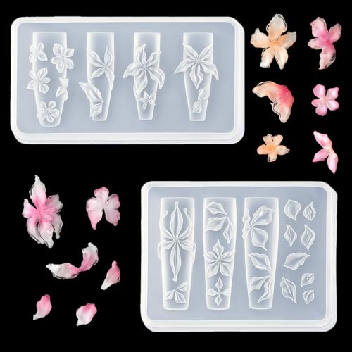 Pizadix 2 Pcs Flower Silicone Nail Art Molds - Romantic Resin & Gel Nail Designs (Flower-1)