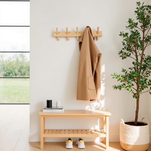 Solid Wood Coat Rack Wall Mount with Removable Hooks - 5 Hooks