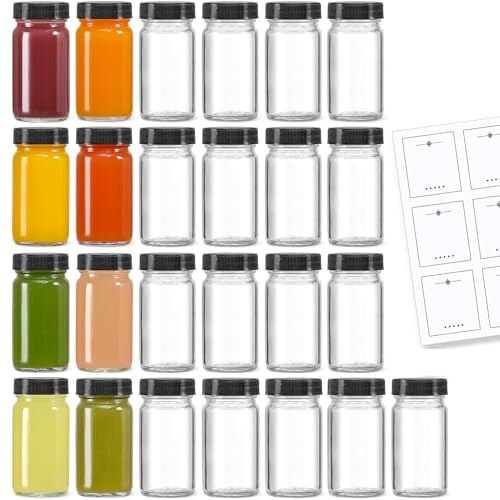 25 Pack 2 oz Glass Shot Bottles with Black Caps - Leakproof & Dishwasher Safe