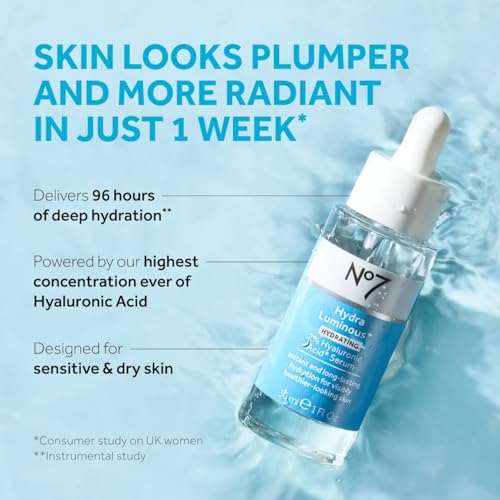 No7 HydraLuminous+ Hyaluronic Acid Serum 1 Fl Oz - Deep Hydration & Skin Barrier Support
