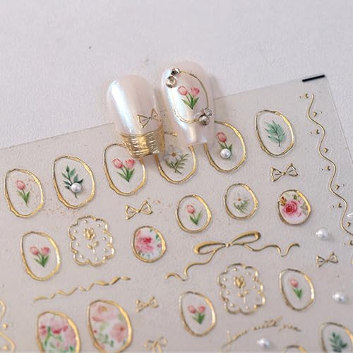 5D Floral Nail Art Stickers with Gold Frames - Self-Adhesive Decals