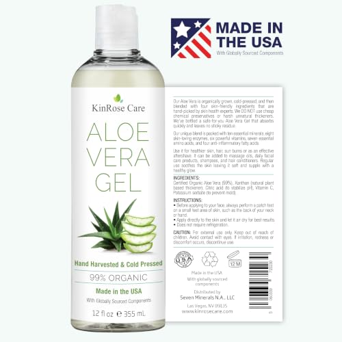 KinRose Care 12oz Aloe Vera Gel for Face Skin Hair Sunburn Relief - Pure Organic, Unscented, Vegan, Made in USA