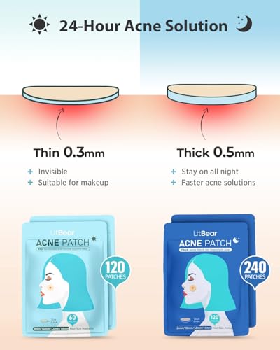LitBear 360 Count Acne Pimple Patches - Day & Night Hydrocolloid Zit Stickers with Witch Hazel, Tea Tree & Calendula Oil, Multiple Sizes