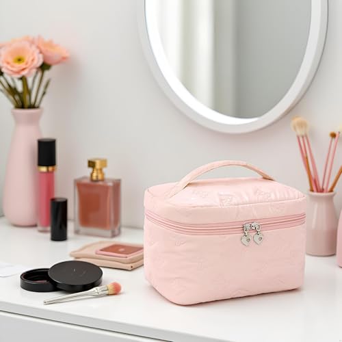 Pink Large Travel Makeup Bag with Mesh Pockets - Alamealle