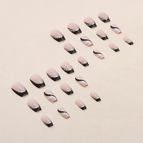 24PCS Medium Square Press-On Nails with Silver Glitter French Tips
