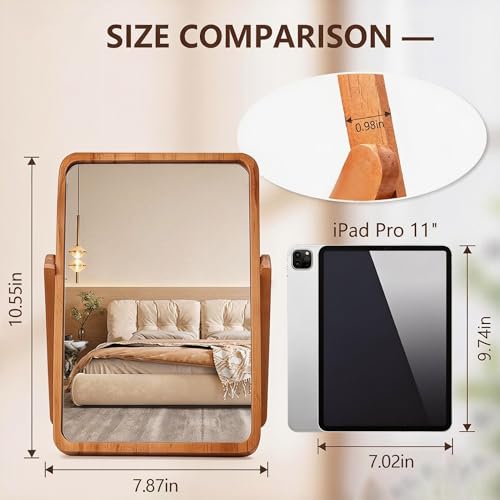 Desk Makeup Mirror with Wood Stand – Small Tabletop Vanity Mirror, 360° Rotating