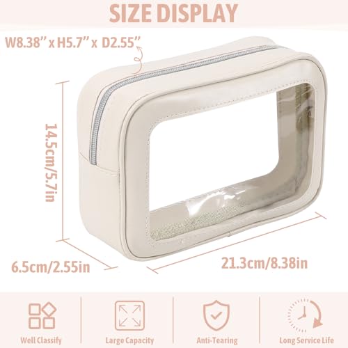 White 3Pcs Clear TSA Travel Makeup & Toiletry Bag Set, Zipper Organizer Pouches