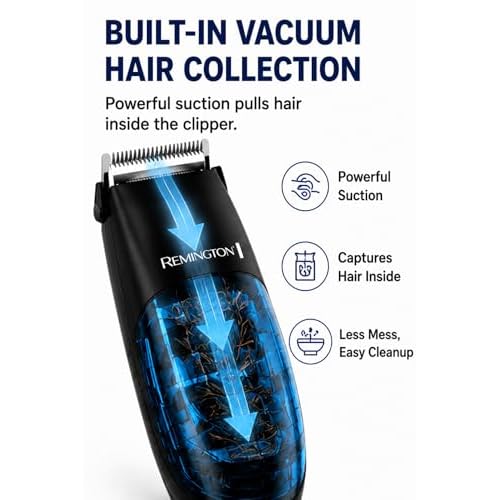 Remington Vacuum Hair Clippers for Men, Mess-Free Haircut & Beard Trimmer Kit with Hair Collection Chamber, Dual Motor Power, 18-Piece Grooming Set