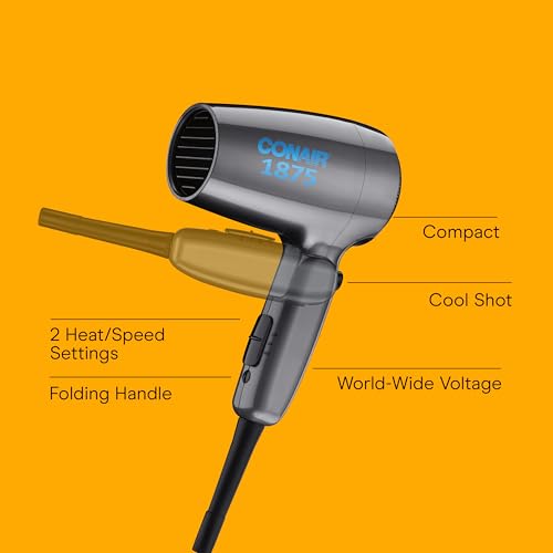 Conair Travel Hair Dryer with Dual Voltage, 1875W Compact Blow Dryer with Folding Handle, Gray