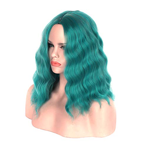 CliCling Short Wavy Bob Wig for Women - Middle Part, Curly, Shoulder Length, Colorful Synthetic Heat-Resistant Hair (Dark Turquoise)