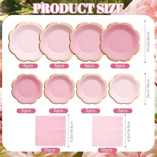 Pink Paper Plates and Napkins Set for 20 Guests - Scalloped Gold Rim