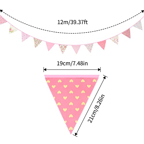 39ft Pink Floral Triangle Bunting Banner - Reusable Cotton Flags for Parties