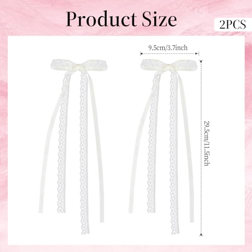 2 Pcs White Lace Hair Bow Clips with Long Tail - Elegant Ribbon Bows