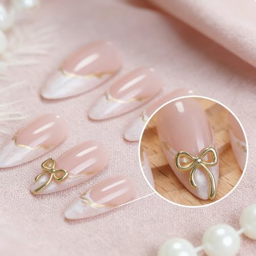 Sutaozhi French Tip Summer Nails Kit - 12 Medium Almond Fake Nails with 3D Bow & Gold Line Design, Glue-On False Nails for Women, 24Pcs