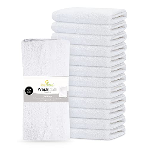 GOLD TEXTILES 12-Pack White Washcloths, 12x12 Cotton Blend Cleaning Towels