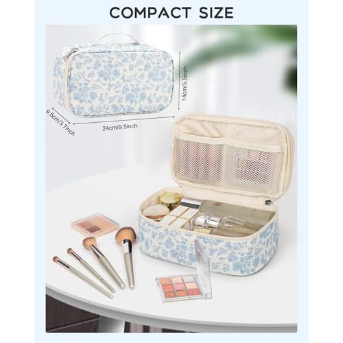 Relavel Travel Makeup Bag, Small Floral Cosmetic Bag with Makeup Brush Compartment, Portable Makeup Pouch for Women, Double Layer Makeup Organizer Bag Cute Toiletry Bag