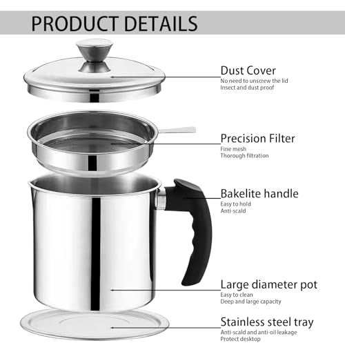 Stainless Steel Grease Container with Strainer & Lid - 1.3L