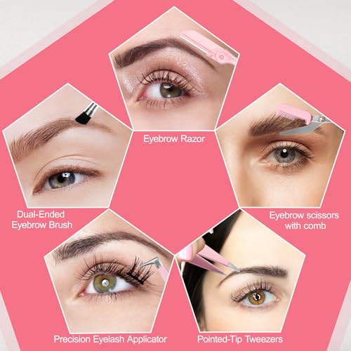 Eyebrow Kit, 17 in 1 Tweezers for Women Facial Hair, Hair Scissors with Comb, Eyebrow Trimmer, Brow Brushes, Hair Tools Travel Bag, Professional Grooming Tweezer Set