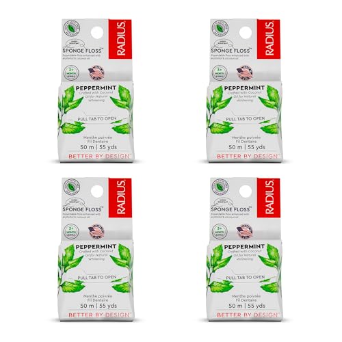 RADIUS Vegan Sponge Floss Peppermint 55 Yards - Pack of 4 for Sensitive Gums