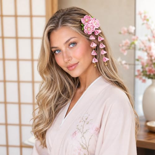 LUOZZY Japanese Kanzashi Hair Clips with Flower & Tassel Design