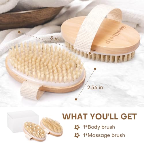 2-Pack Natural Bristle Dry Body Brush Set for Exfoliation & Lymphatic Drainage