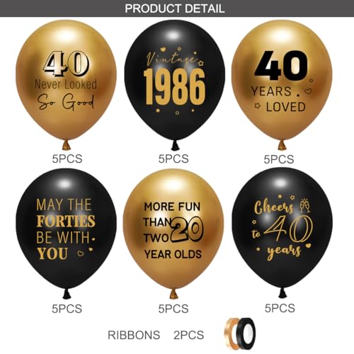 40th Birthday Balloons - Black & Gold Decorations, 30 PCS with Fun Sayings