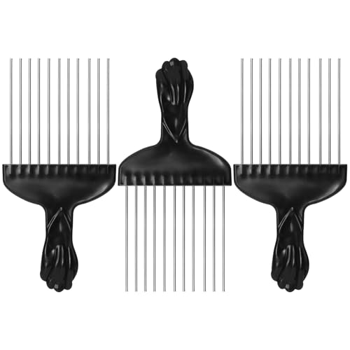 3-Pack Metal Afro Picks - 6" Curl Detangling Combs with Fist Grip