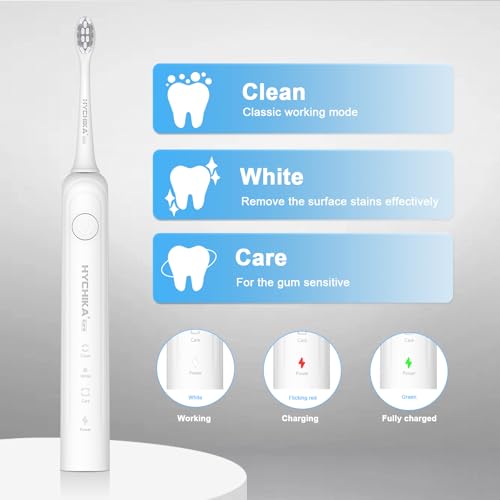 HYCHIKA Rechargeable Electric Toothbrush Snow White, 240-Day Battery Life, 8 Replacement Heads, 3 Modes