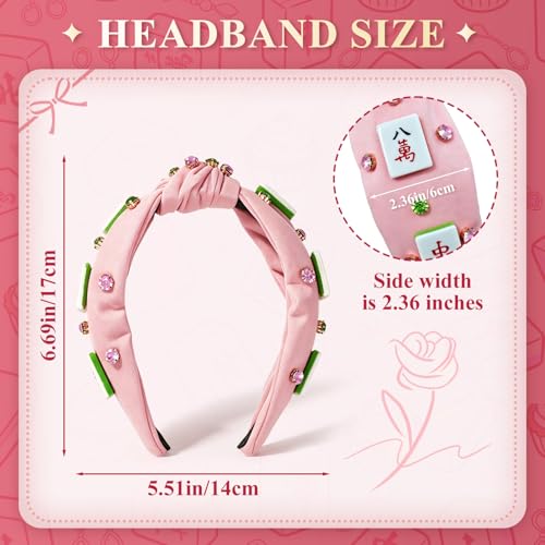 Pink Mahjong Knotted Headband for Women Rhinestone Crystal Wide Top Knot Hair Accessory