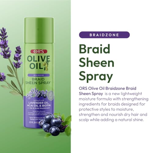 ORS Olive Oil Braidzone Braid Sheen Spray with Lavender, Acai & Biotin for Hair & Scalp Nourishment 10 Ounces