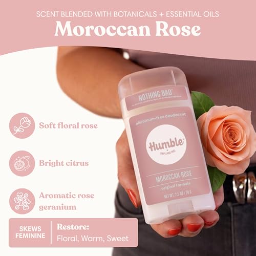 Humble Aluminum-Free Deodorant for Women & Men, Moroccan Rose - Clean & Fresh Natural Deodorant Stick with Essential Oils for Long-Lasting Odor Control - 1 Pack