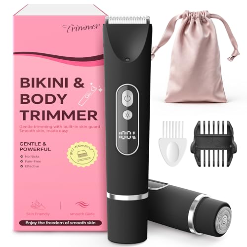 Bikini Trimmer for Women,Smooth Electric Razor for Sensitive Skin, IPX7 Waterproof Wet & Dry Cordless Body Shaver & Grooming Set for Bikini Area, Pubic Hair, Face, Underarms & Legs (Black