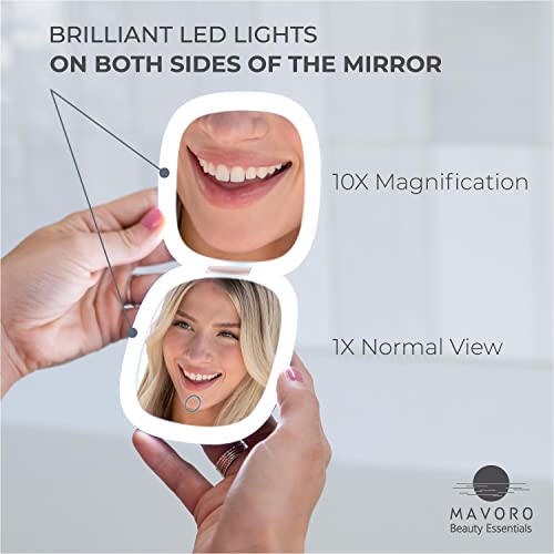 Mavoro Heavenly Pink LED Compact Makeup Mirror | 1x/10x Magnification, USB-C Charging, Dimmable Lighting