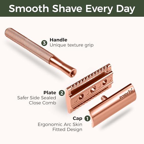 ZOMCHI Double Edge Safety Razor - Rose Gold Metal Shaver with 5 Blades