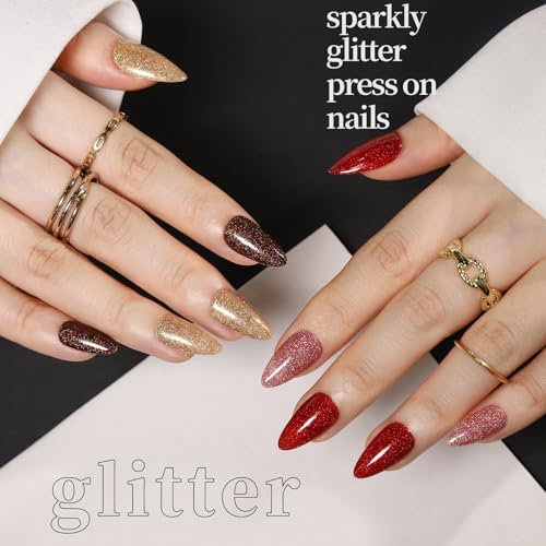 FANDAMEI Short Almond Press on Nails Kit - Cat Eye, Glitter, French Tip (576PCS)
