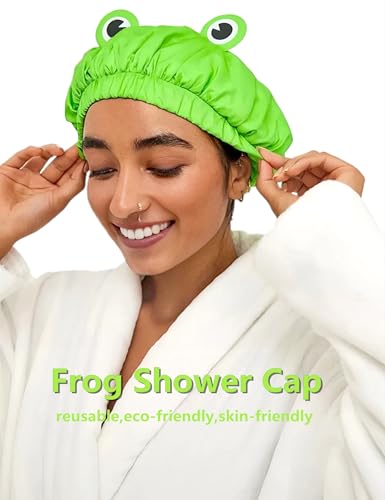 LamaMe Frog Shower Cap - Waterproof Reusable Double-Layer Hair Cap for Women