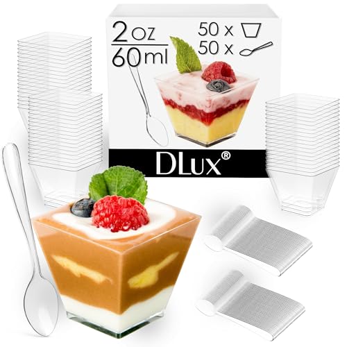 50 Clear Plastic Mini Dessert Cups with Spoons - 2oz Parfait Bowls