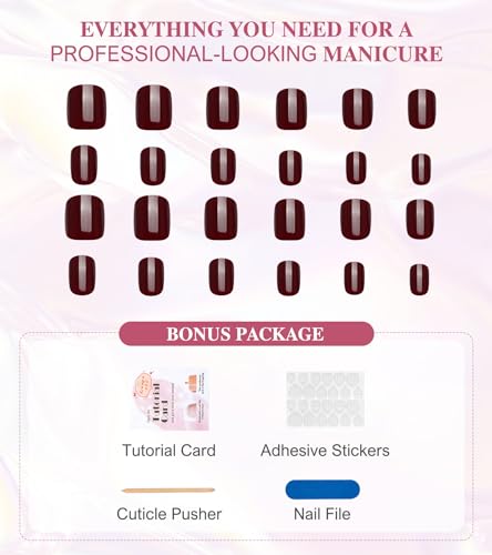 Aegenacess 07-Short Jelly Burgundy Press On Nails - Short Square 24pc Kit