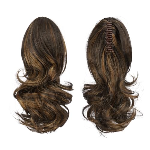 SOFEIYAN 13 Inch Long Curly Ponytail Extension - Dark Brown/Golden Auburn Clip-in Hairpiece