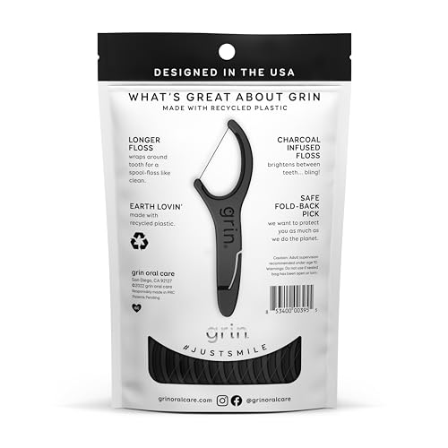 Grin Charcoal Infused Dental Flossers, 75 Count, Mint Flavor