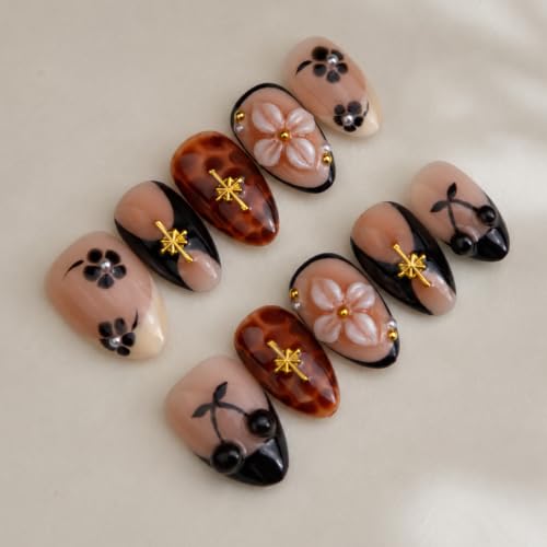 Short Almond Press On Nails with 3D Cherries & Flowers - 10 Pieces