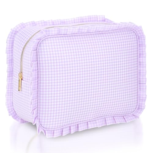 Purple Gingham Ruffle Makeup Bag - Large Travel Cosmetic Pouch