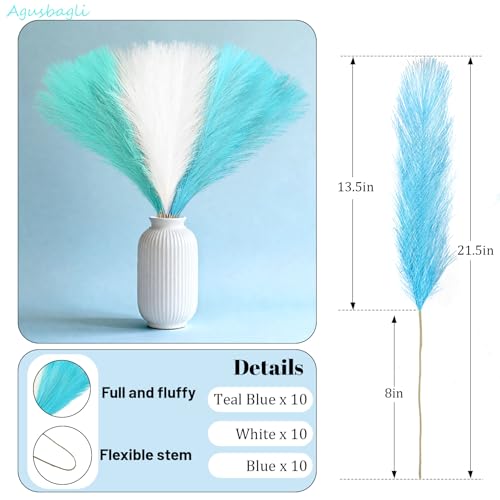 30pcs Light Blue Faux Pampas Grass Decor - 21.5in Artificial Vase Filler