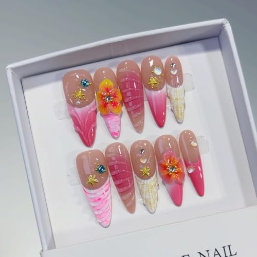 EclatNail Handmade Stiletto Press-on Nails, Pink French Tip with 3D Flowers