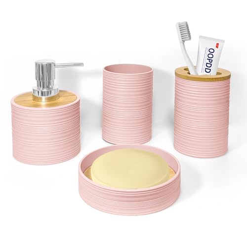 Pink Bamboo Bathroom Accessory Set - 4 Pieces Includes Soap Dispenser, Toothbrush Holder, Soap Dish, Cup